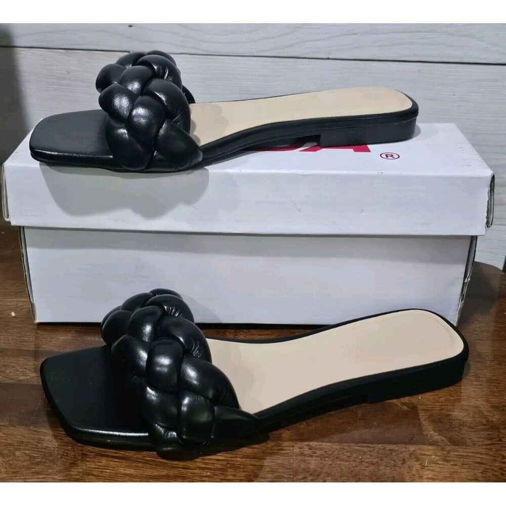 NEW Soda Ball Women Open Square Toe Comfort Braided Flat Sandals Black Sz 6